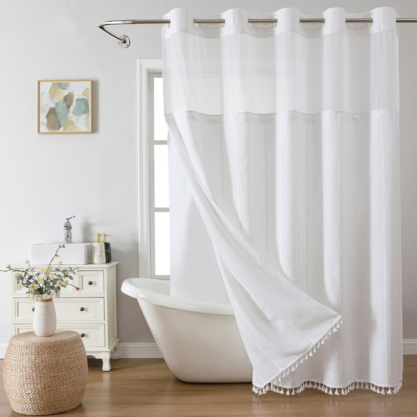 eachope White Farmhouse No Hook Shower Curtain Set with Snap-in Fabric Liner,Boho Heavy-Duty Linen Textured Rustic Striped Design,Water-Repellent with Tassels and Sheer Window,71x74