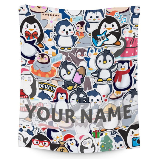 Personalized Penguin Throw Blanket Gifts with Name - 50"x60" Blanket for Adults, Kids - Colorful Soft Plush Blankets for Bed, Couch, Sofa