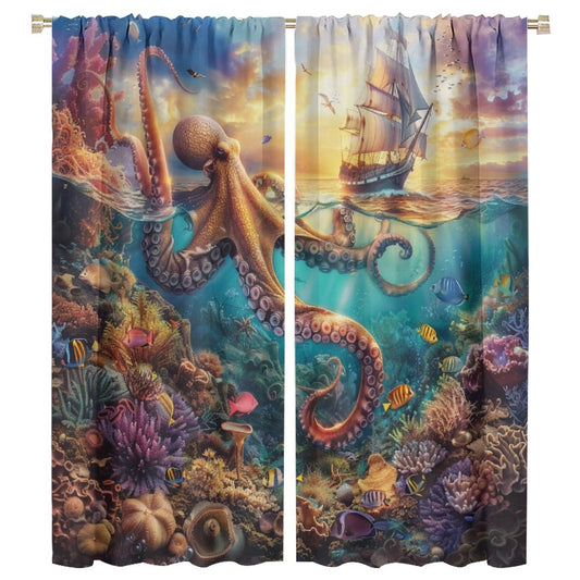 TOWINSFB Vintage Sailboat Octopus Blackout Curtains for Living Room Bedroom, Funny Fish Coral Ocean Animal Window Curtains Rod Pocket Thermal Insulated Window Drapes, 2 Panels, Each 21W x 45L