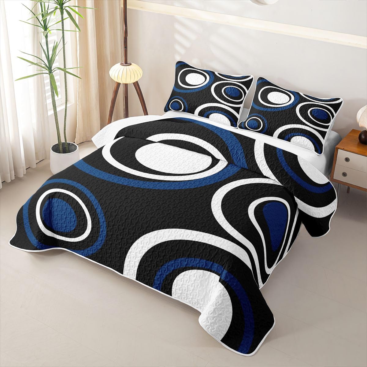 Erosebridal Black Blue Vortex Quilt Set Chic Geometric Abstract Mens Quilt Twin Striped Aesthetic Circles Quilted Bedspread with 1 PillowcaseBoho Modern Coverlet