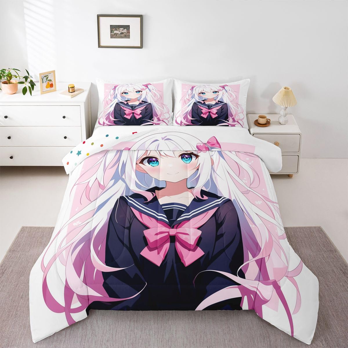Erosebridal Kawaii Japanese Girl Comforter Set Cartoon Anime Bedding for Kids Boys Girls 3D Japanese Style Bedding Comforters & Sets Sailor Suit Uniform Girl Design Duvet Insert Full Size