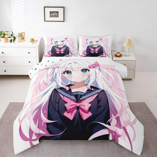 Erosebridal Kawaii Japanese Girl Comforter Set Cartoon Anime Bedding for Kids Boys Girls 3D Japanese Style Bedding Comforters & Sets Sailor Suit Uniform Girl Design Duvet Insert Full Size