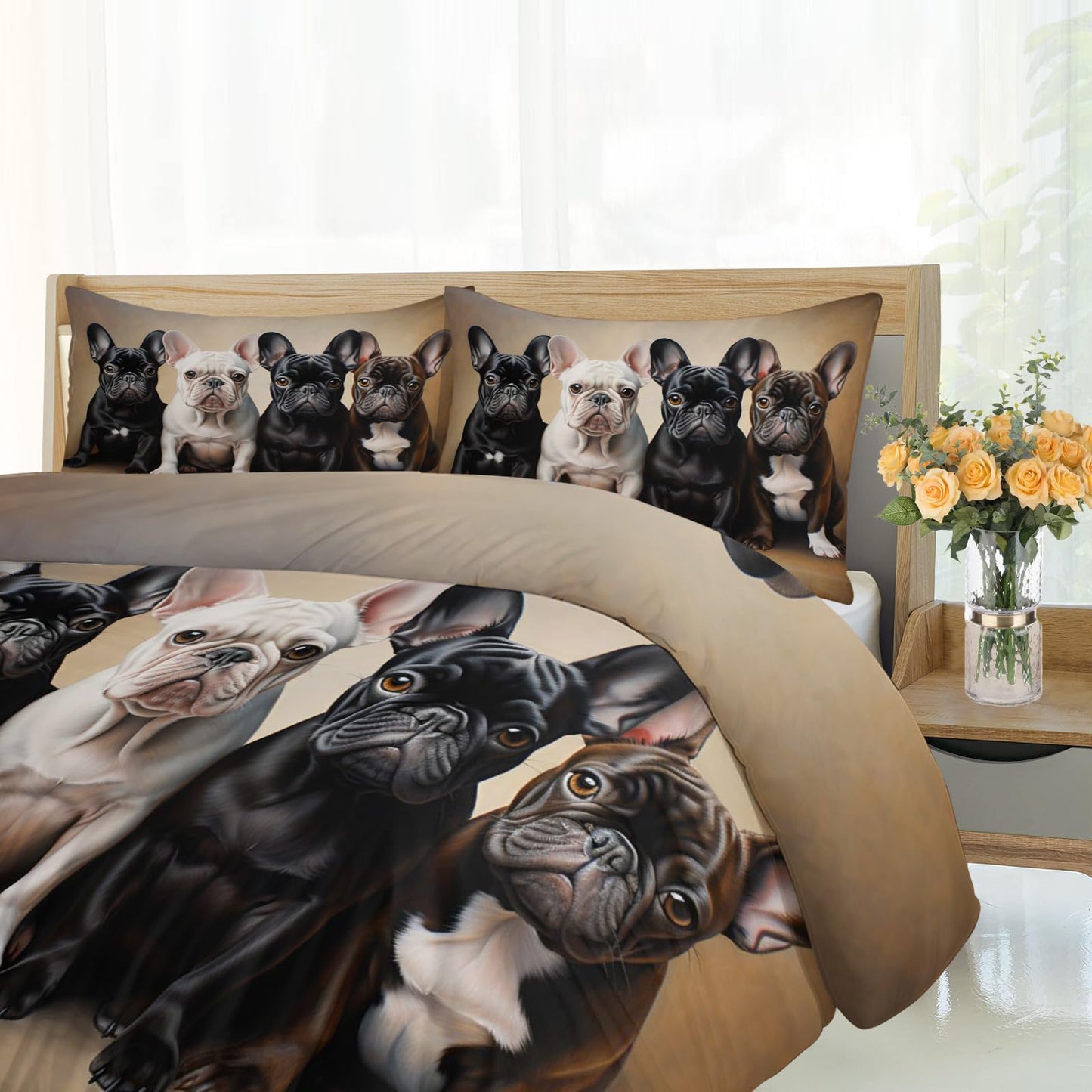 Dog Print Duvet Cover Queen Size - Cute Puppy Home Decor & Gifts, 3 Piece Back to School Dorm Bedding, Easy Care Microfiber Comforter Cover & Pillowcases, French Bulldog Lover