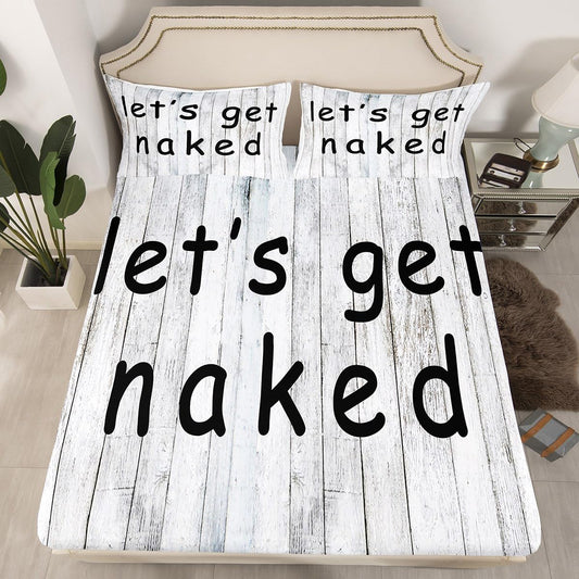 Funny Quotes Bed Sheet Set Get Naked Fitted Sheet & Pillow Sham Set Grey Rustic Plank Wood Bedding Set for Couple Lover Men Women Room Decor Vintage Farmhouse Style Bed Cover No Flat Sheet Full Size