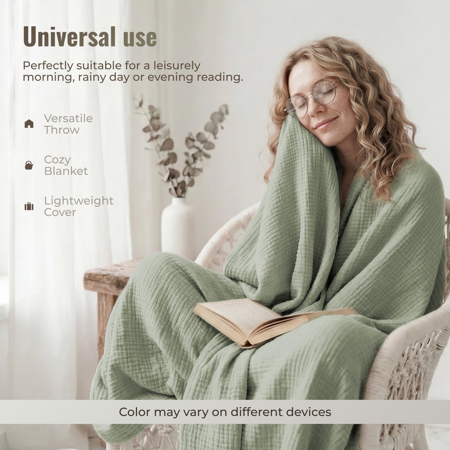 Mellow Buff 4-Layer Muslin Cotton Throw Blanket (50 x 60 inches) – Ultra Soft Breathable Gauze Throw, Lightweight All-Season Couch & Sofa Blanket, Cozy Neutral Home Decor, Machine Washable – Green