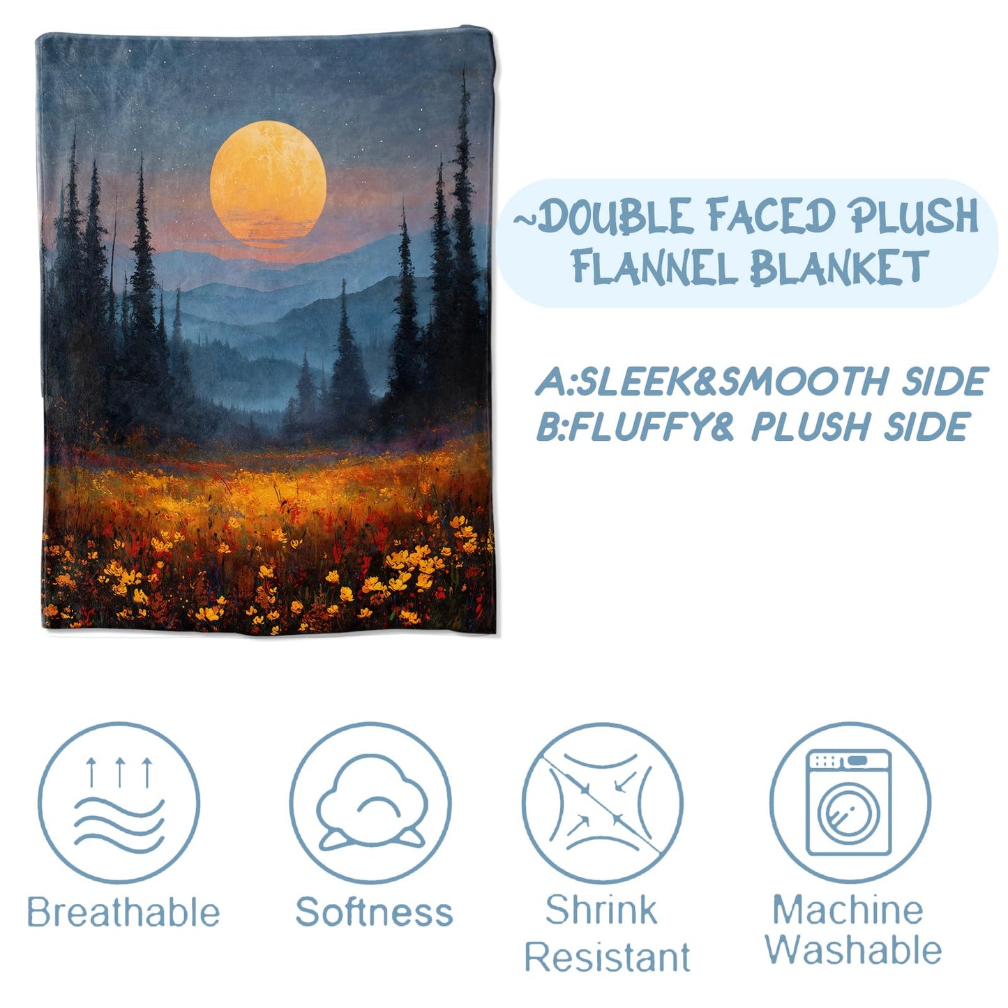 Zeleda Moon Blanket, Gifts for Nature and Forest Lovers, Lightweight Flannel Throw Blankets, Wildflower Field and Golden Full Moon Artistic Throws Home Decor, for Couch Living Room Office, 60x50inch