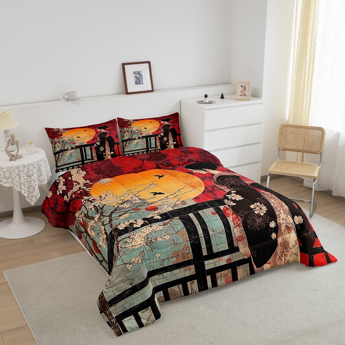 Erosebridal Japanese Style Comforter Set, Cherry Blossoms Down Comforter Queen Size for Kids Girls Women Bedroom Decor, Sakura Flower Bedding Set, Japan Ukiyo-E Quilt, Red, Lightweight