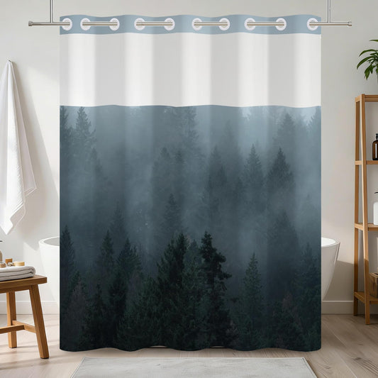NAEMBCU No Hook Forest Shower Curtain with Snap in Liner Set, Waterproof Fabric Shower Curtain with Mesh Top Window, Misty Pine Tree Landscape Bath Curtain, Nature Woodland Bath Decor 71x74 Inch