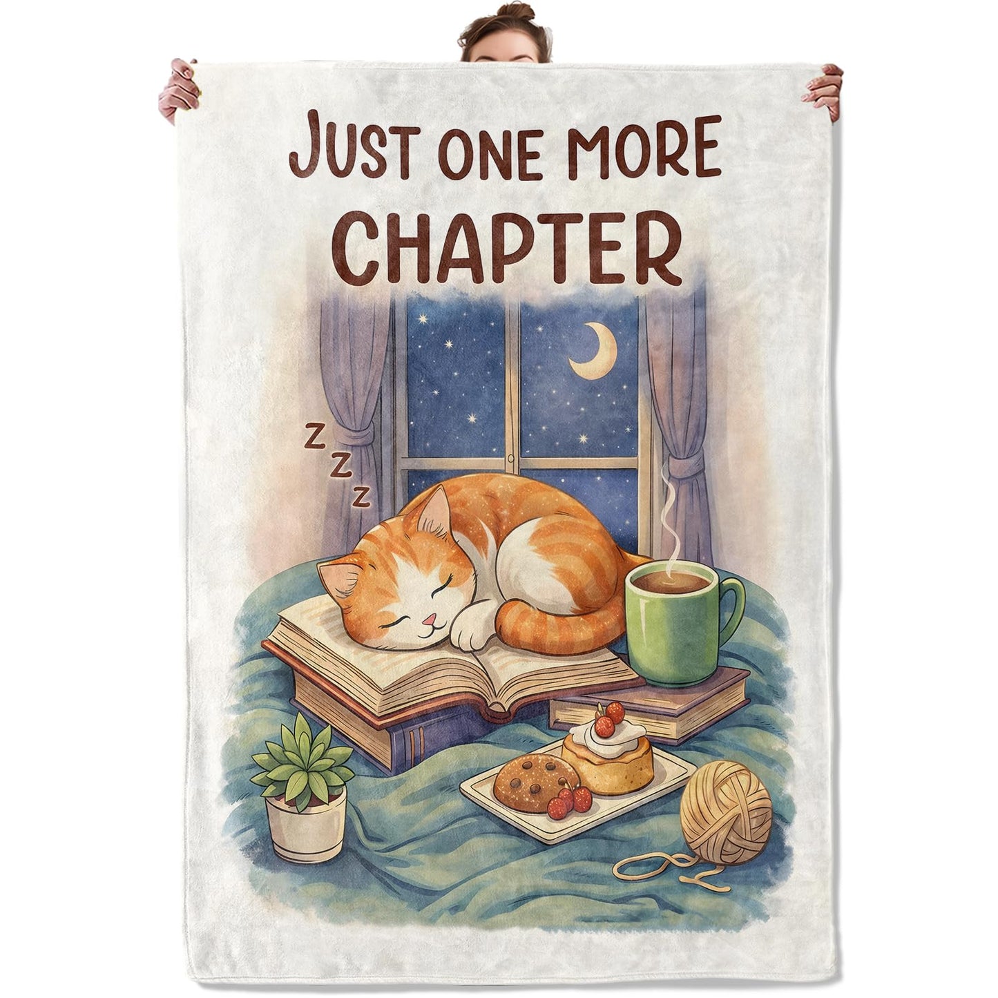 TRYYN Sleeping Cat Throw Blanket, Cute Kitten with Book and Coffee, Soft Flannel Fleece, 50x60 Inch, Bedroom Sofa Reading Nook Blankets for Books Lovers, Cozy Heartwarming Home Decor Gifts