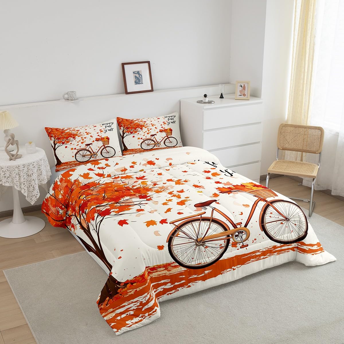 Fall Style Maple Leaves Comforter Set Queen Size, Rustic Farmhouse Bike Quilt Set for Home Room Decor,Thanksgiving Gifts Bedding Retro Nature Plants Duvet Insert, 2 Pillowcases