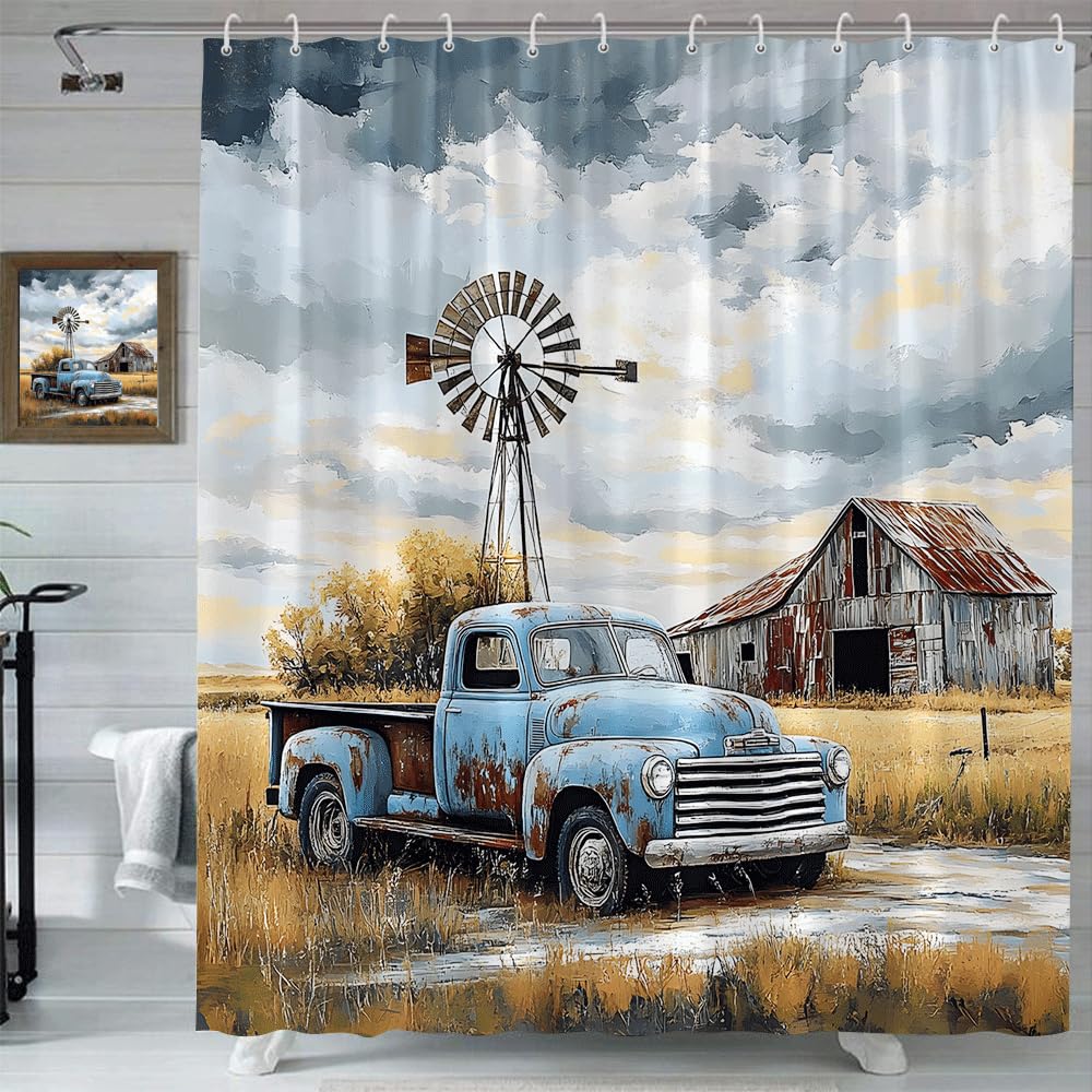 SATRTUD Rustic Blue Truck Shower Curtain Vintage Wooden Barn American Old Antique Car Retro Farmhouse Western Farm Country Nature Landscape Polyester Fabric Bathroom Curtain with Hooks 70x70 Inch