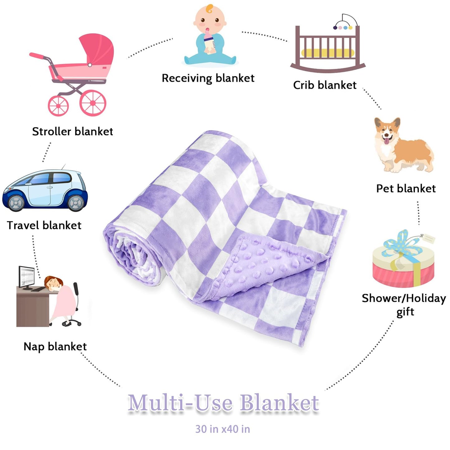 DILIMI Baby Blanket, Soft Warm Newborn Toddler Minky Plush Dot Blanket for Girl and Boy Unisex (40×30 in), Purple Checkered