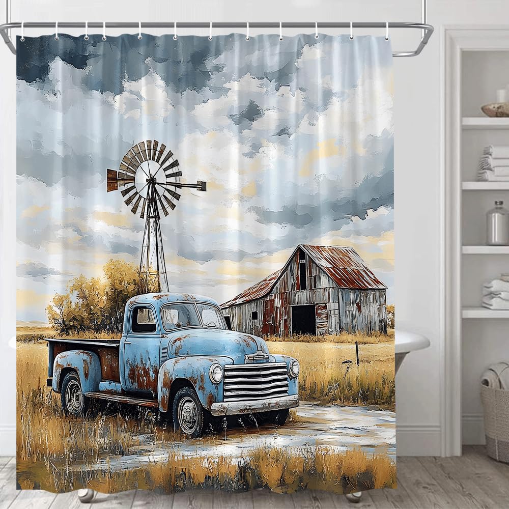 SATRTUD Rustic Blue Truck Shower Curtain Vintage Wooden Barn American Old Antique Car Retro Farmhouse Western Farm Country Nature Landscape Polyester Fabric Bathroom Curtain with Hooks 70x70 Inch