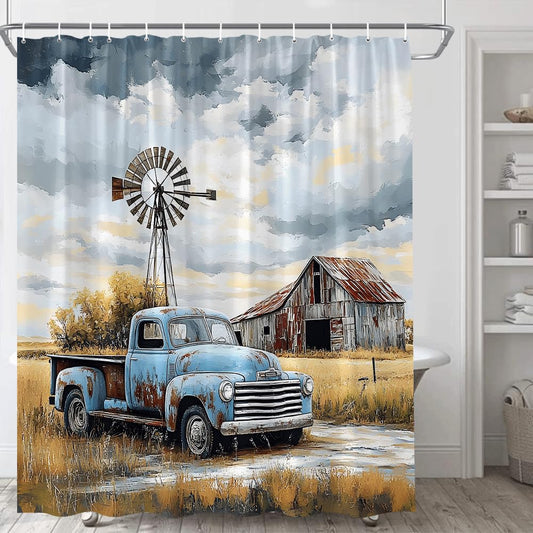 SATRTUD Rustic Blue Truck Shower Curtain Vintage Wooden Barn American Old Antique Car Retro Farmhouse Western Farm Country Nature Landscape Polyester Fabric Bathroom Curtain with Hooks 70x70 Inch