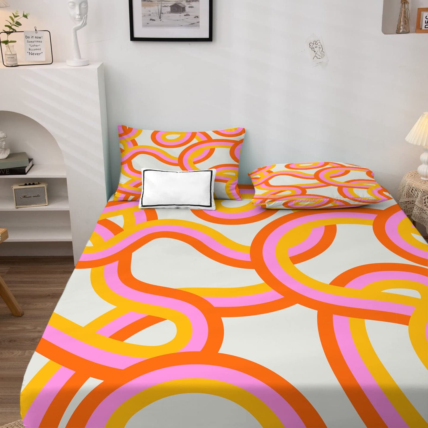 NOGAWA Abstract Sheets Full Size, 70s Retro Bed Sheets, Patterned Bedding Sheets & Pillowcases 4 Piece Set - Soft Microfiber Deep Pocket Fitted Sheet & Flat Sheet & 2 Pillow Cases