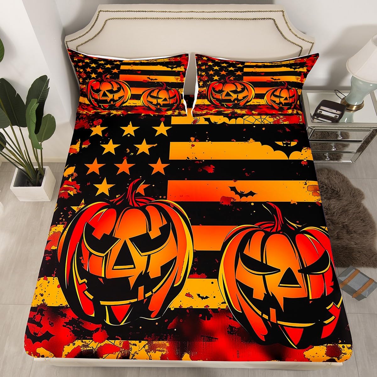 Feelyou American Flag Fitted Sheet Full Size for Kids Boys Girls Halloween Pumpkin Bed Sheets Set 16" Deep Pocket Soft Breathable Microfiber Halloween Decor Bedding with 2 Pillowcases Gothic