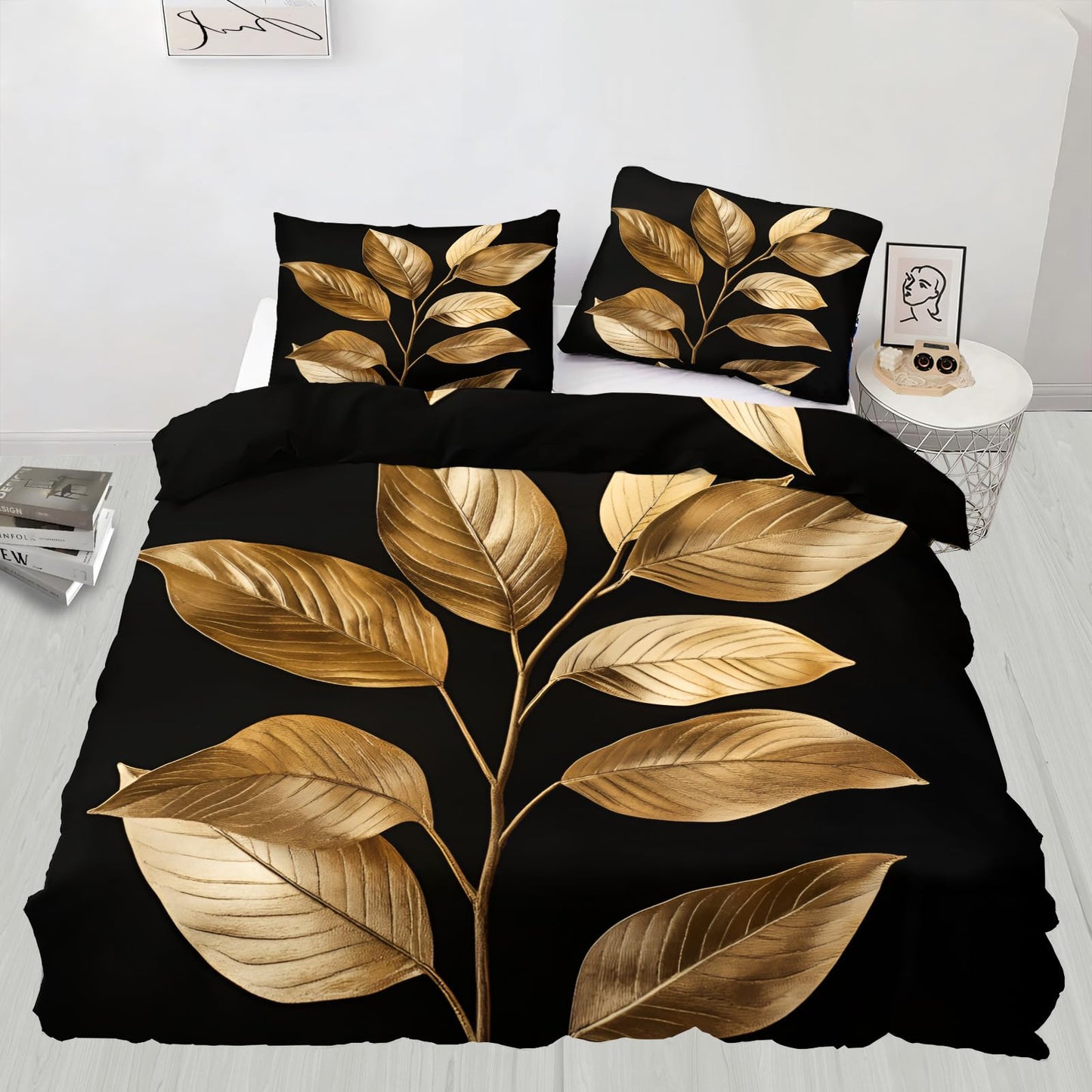 QINYUN Gold Leaves Duvet Cover King Size, Gold Tropical Leaves Bedding Set 3 Piece Bedroom Decor Modern Black Comforter Cover with Zipper Ties & 2 Pillowcases