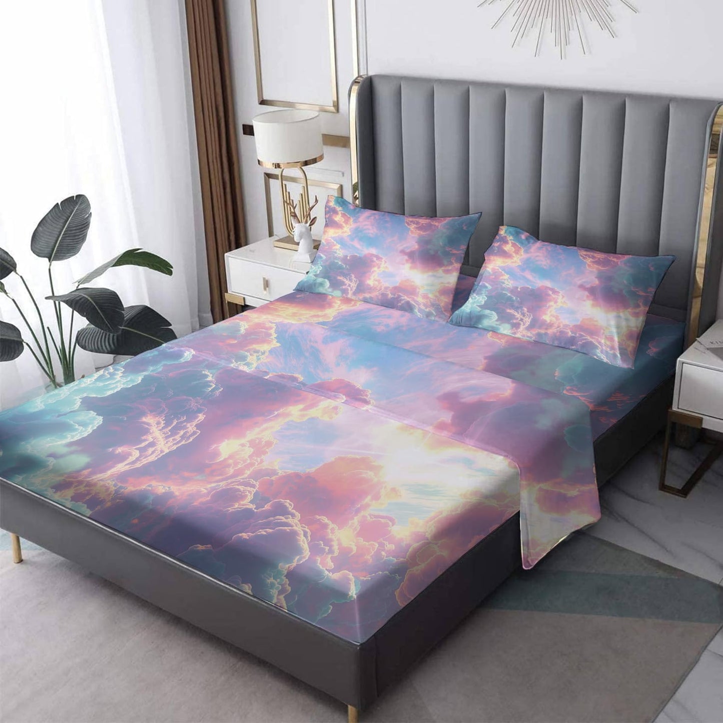 NOGAWA Colorful Cloud Sheets King Size, Sun Landscape Bed Sheets, Patterned Bedding Sheets & Pillowcases 4 Piece Set - Soft Microfiber Deep Pocket Fitted Sheet & Flat Sheet & 2 Pillow Cases