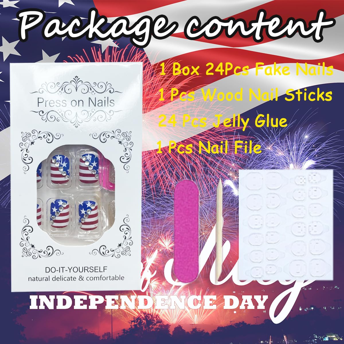24Pcs Independence Day Press on Nails Short Square Fake Nails with Rhinestones Designs 4th of July Glue on Nails Full Cover Silver Glitter Acrylic Stick on Nails for Women 4th of July Nails Decor
