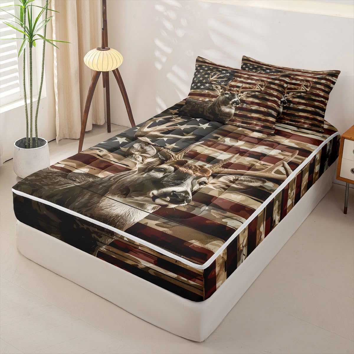 Feelyou American Flag Comforter Set Full Deer Hunting Zipper Bedding Set for Kids Boys Girls Nature Wildlife Bed in a Bag Microfiber with 2 Pillow Cases