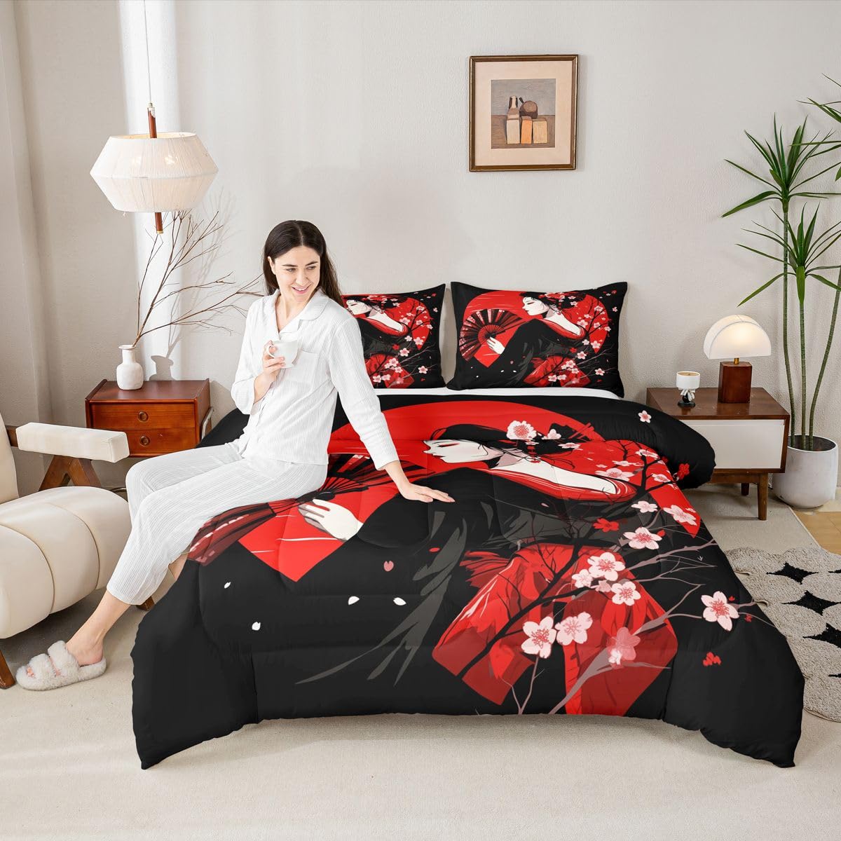 jejeloiu Japanese Geisha Comforter Set Queen Size Cherry Blossom Bedding Set for Kids Boys Girls Red Sun Duvet Quilt Japanese Ukiyoe Bedroom Decor Microfiber 3 Pcs with 2 Pillow Cases