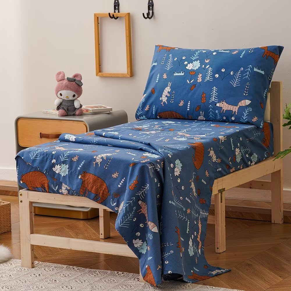 CLOTHKNOW 4Pieces Blue Toddler Bedding Sets for Boys Girls Animal Cartoon Comforter Sets Soft Crib Bed Set Including Comforter, Flat Sheet, Fitted Sheet and Pillowcase