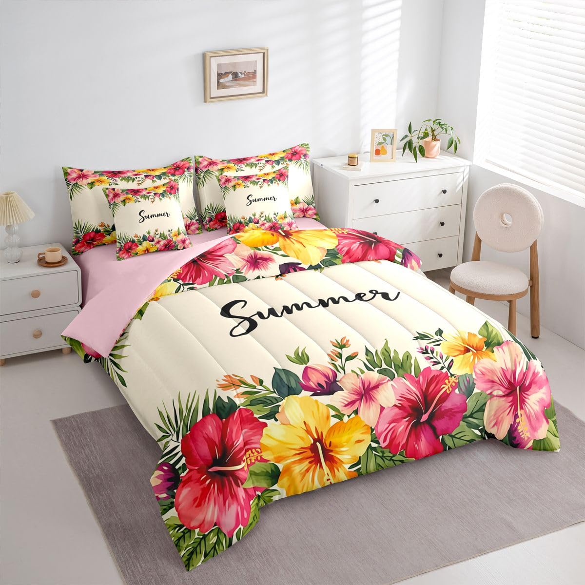 Erosebridal Tropical Hibiscus Queen Bedding Set Pink Yellow Watercolor Floral Comforter Set Girls Women Summer Hawaiian Flower 7-Piece Bed in a Bag Beach Vacation Art Quilt Sets