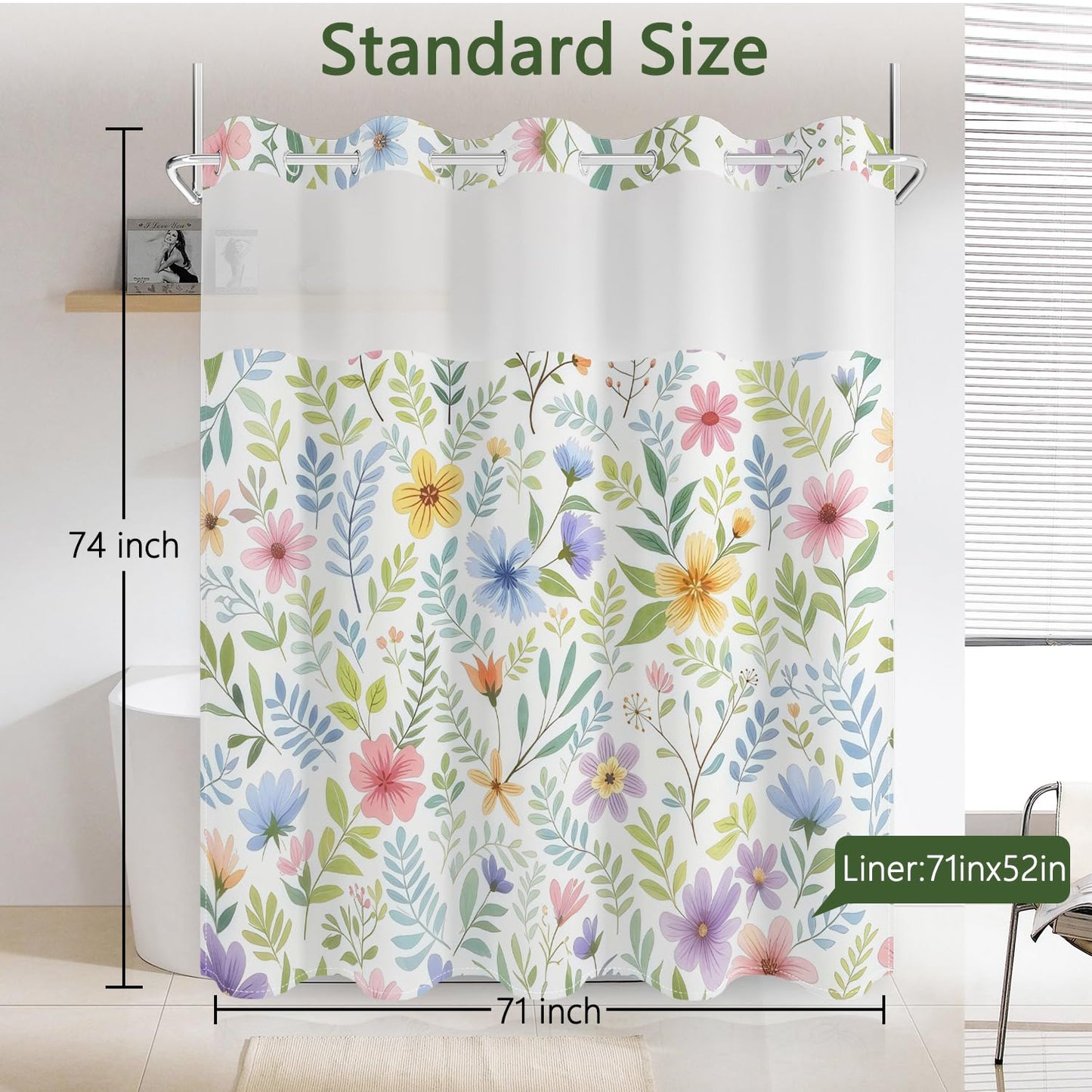 No Hook Shower Curtain with Snap in Fabric Liner Set, Waterproof & Washable, Boho Colorful Plant Floral Shower Curtains for Bathroom, Farmhouse Rustic Flower Bathroom Curtain, House Gift, 71x74 inch
