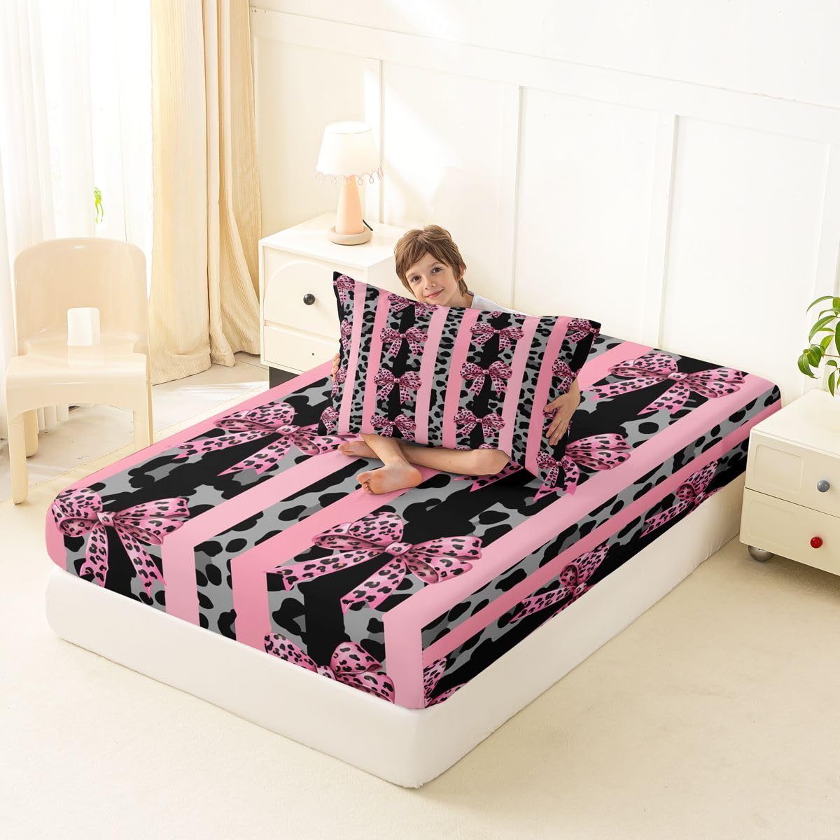 jejeloiu Black Leopard Bow Fitted Sheet Twin Size for Kids Boys Girls Striped Coquette Bow Bed Sheets Set 16" Deep Pocket Leopard Fur Print Bedding with 1 Pillowcase Room Decor