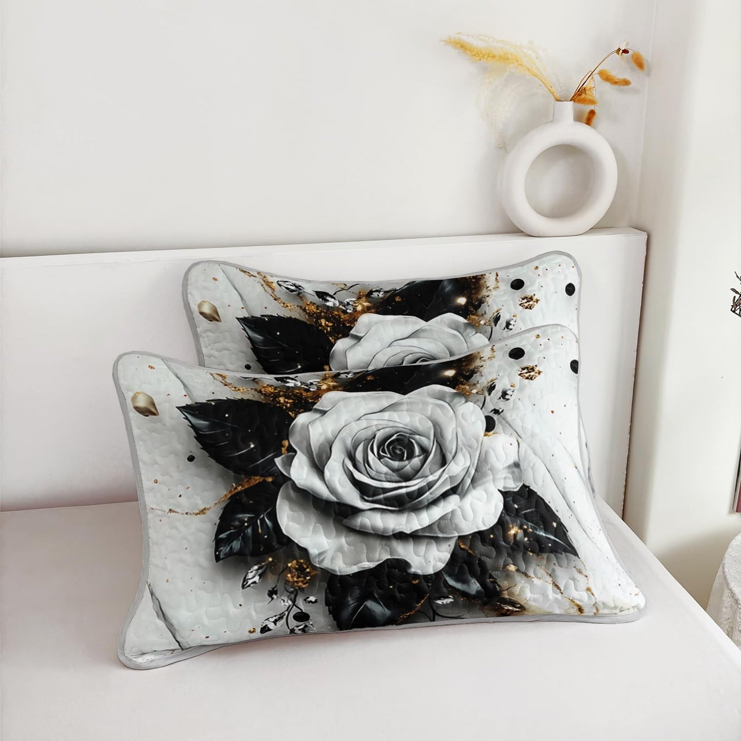 QOOMO Cartoon Flowers Kids Quilt Set,Plant Print Bedding Set Twin Size,Black White Room Decoration Soft and Lightweight for All Seasons,1 Quilt Set 2 Pillowcases