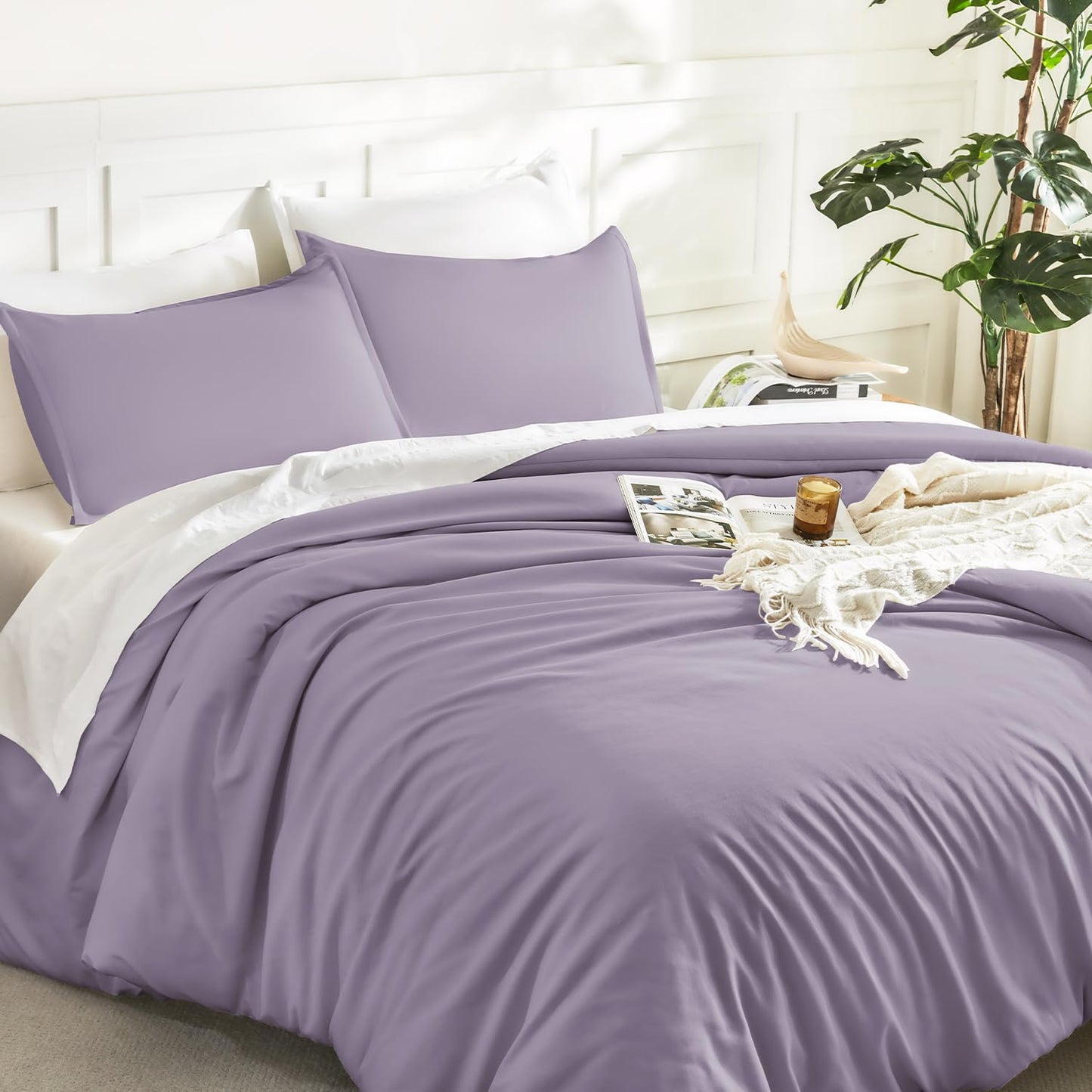 Litanika Grayish Lavender Purple Comforter Set King Size, 3 Pieces Lightweight Solid Bedding Comforter Set, All Season Fluffy Bed Set (104x90In Comforter & 2 Pillowcases)