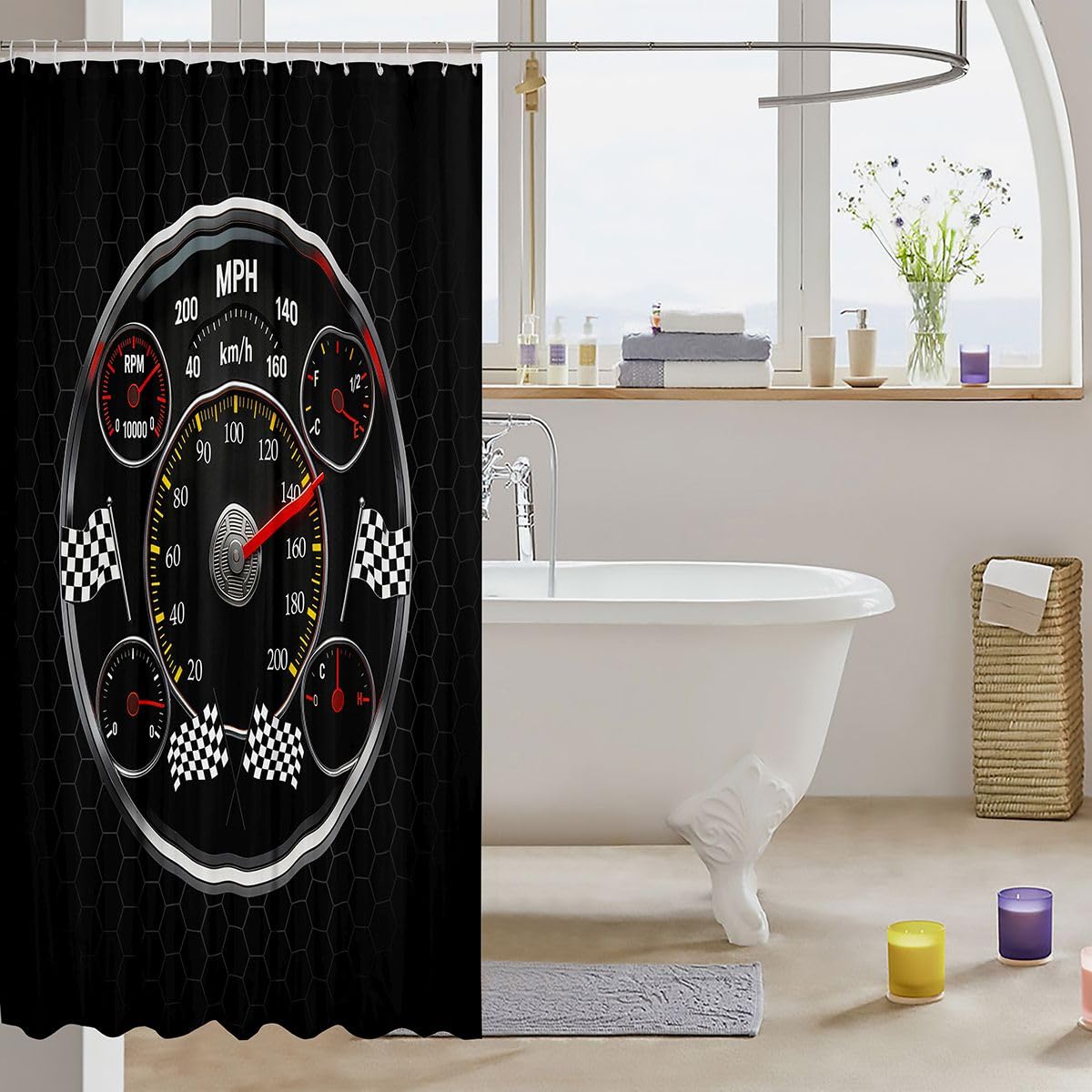 Feelyou Speed Sports Car Shower Curtain for Bathroom Decor Steering Wheel Bath Curtain for Stalls Bathtubs Racing Bathroom Accessories Extreme Sports Waterproof Polyester Fabric with 12 Hooks 72"x72"