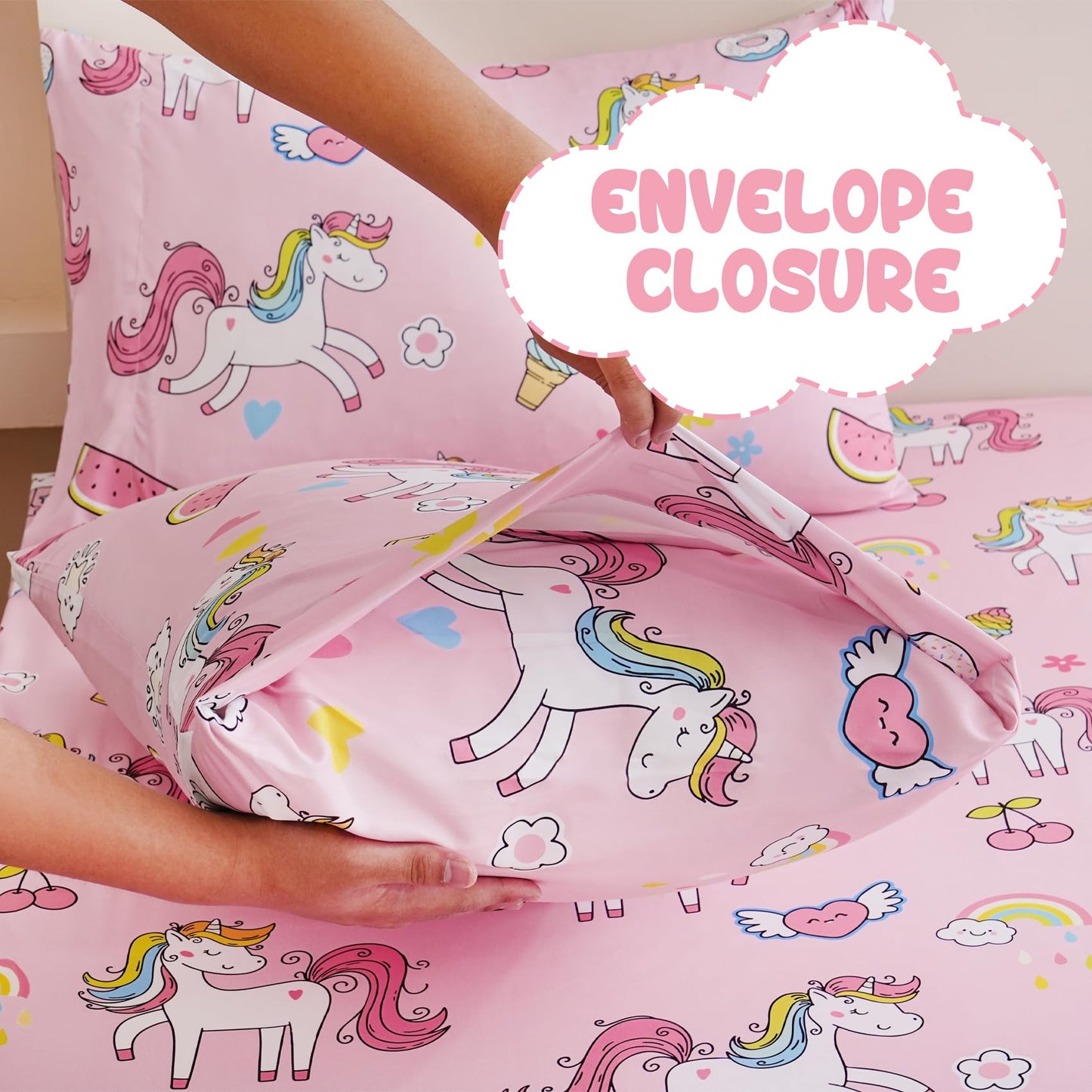 Yibeizi Pink Unicorn Sheet Set for Girls Twin, Kids Rainbow Sweet Print Bedsheets Microfiber Deep Pocket Cute Patterned Bed Sheet & Pillowcase Sets 3 Pieces