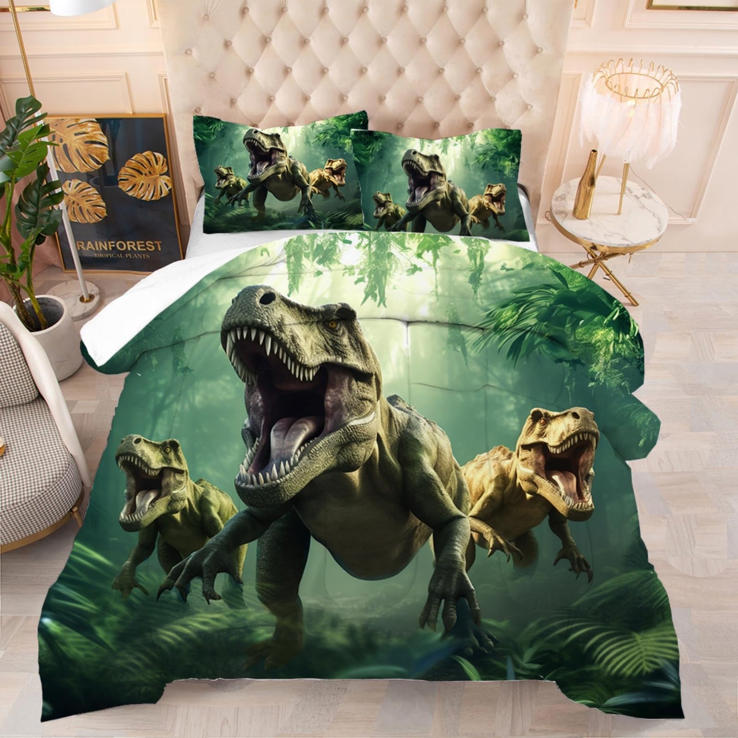 VTKON Kids Dinosaur Comforter Set Full Size for Boys Green Dino Quilt Set Soft Microfiber Dino Bed Set for All Season Use Dinosaur Bedding Set with 1 Comforter + 2 Pillowcases