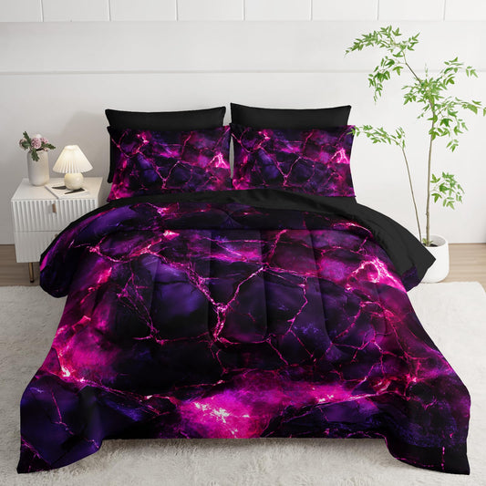 Nttopship Pink Comforter Set Full Size 7Pieces,3D Abstract Mordern Pink Printed Bedding Set for Adults,Rock Fracture Texture Mordern Room Decor All Seasons with Pillowcases,Flat, Fitted Sheet