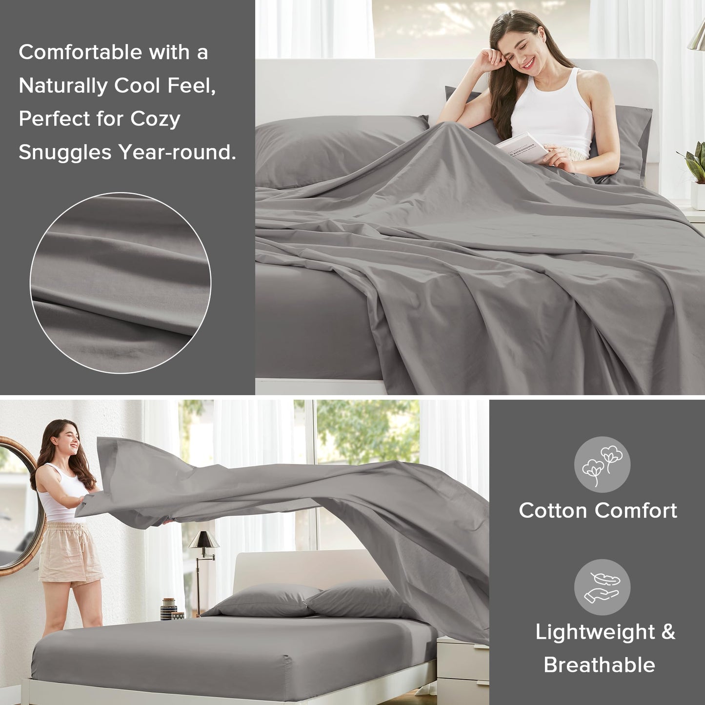 Comfort Spaces 100% Cotton Sheets Full, Breathable & Ultra Soft Cotton Sheets, Naturally Cool Cotton Bed Sheets with 14" Elastic Pocket Fits up to 16" Mattress, All Season Sheet Set, Dark Gray 4 Piece