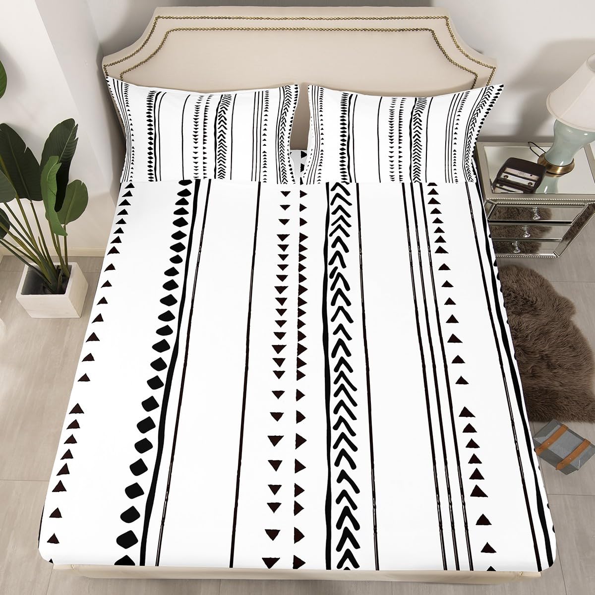 Erosebridal Boho Aztec Fitted Sheet King Size,Bohemian Geometric Stripe Bedding Sets for Kids Teens Adults,Black Simple Bed Sheet Set Soft Microfiber Sheet Set 3 Piece for Bedroom White