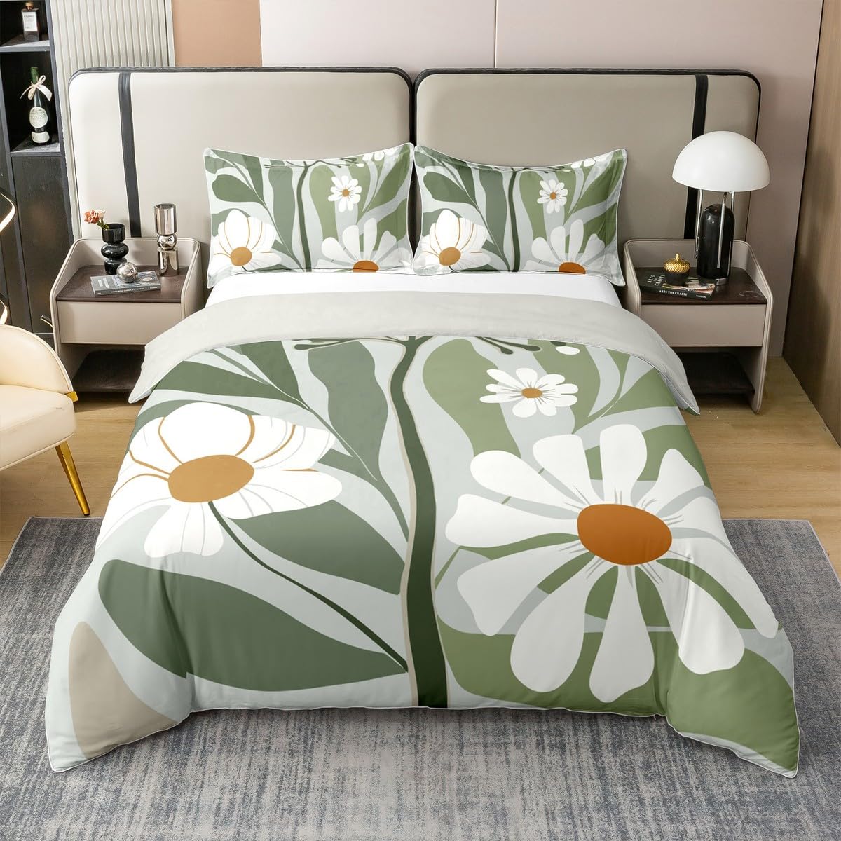 Erosebridal Abstract Boho Floral Full Bedding Set, Retro Green Sage 100% Cotton Duvet Cover, Modern Geometric Botanical Bedclothes for Adults Kids Teens Men, Boho Mid Century Comforter Cover