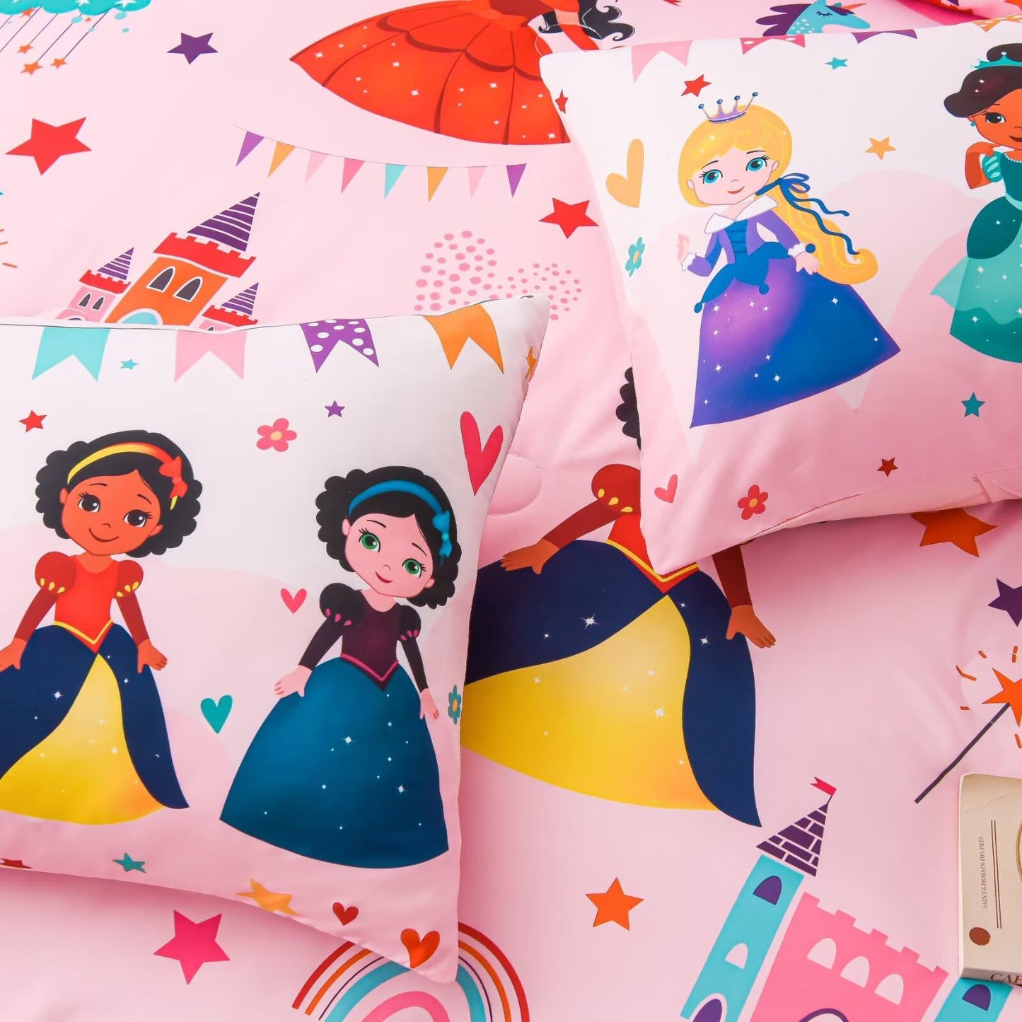 GRAT TIOC 6 Pieces Pink Princess Comforter Set for Girls Twin,Bed in A Bag Princess Bedding Set for Girl Kids (1 Comforter,1 Flat Sheet,1 Fitted Sheet,2 Pillowcases and 1 Cushion Cover)