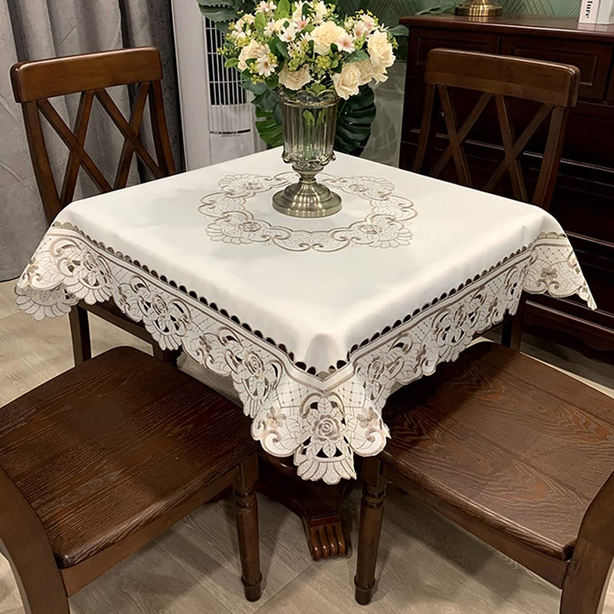 Sandweek Square Tablecloth - Stain Resistant Spillproof Flower Embroidered Lace Tablecloths Washable Table Cloth for Dining Room Kitchen Home Decor (Square, 57 X 57 inch)