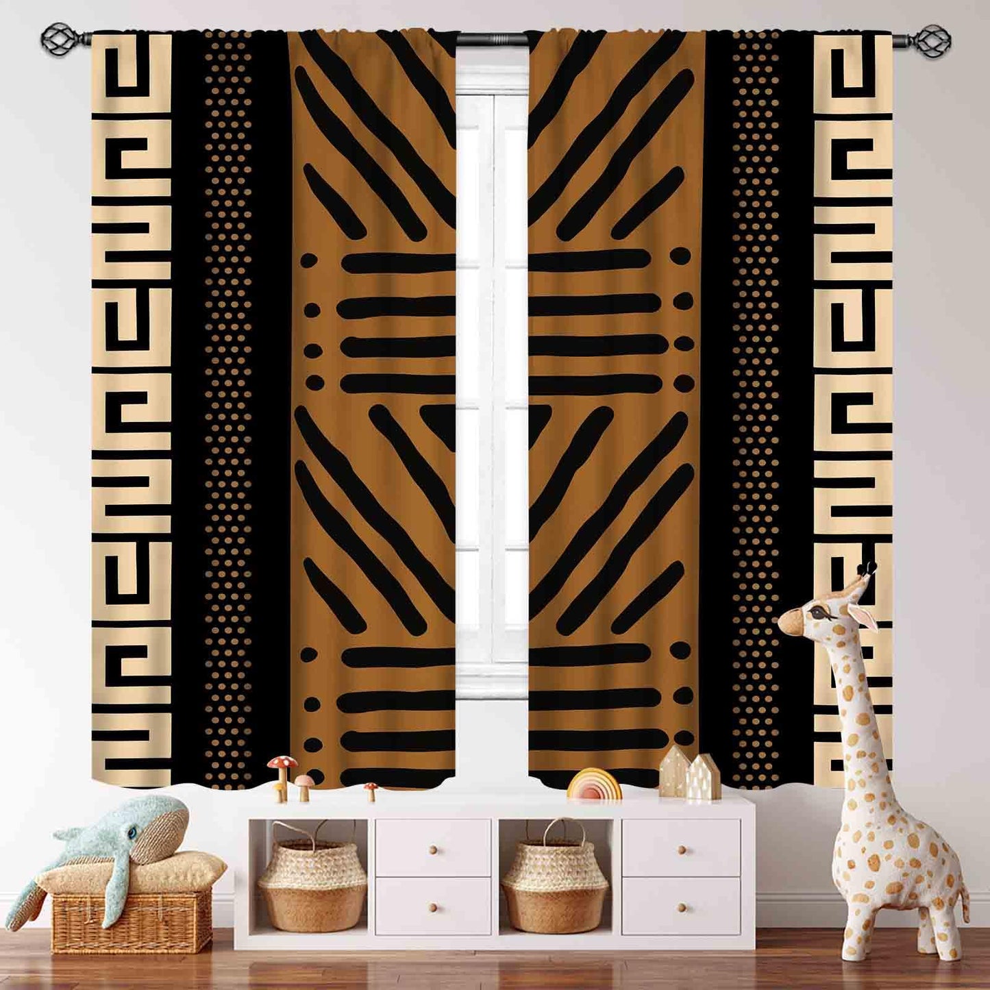 Lnepty African Curtains,Boho Abstract Ethnic Tribal Historical African American Afro Geometric Vintage Window Treatment for Bedroom Living Room Bathroom 2 Panels,42X45 Inch