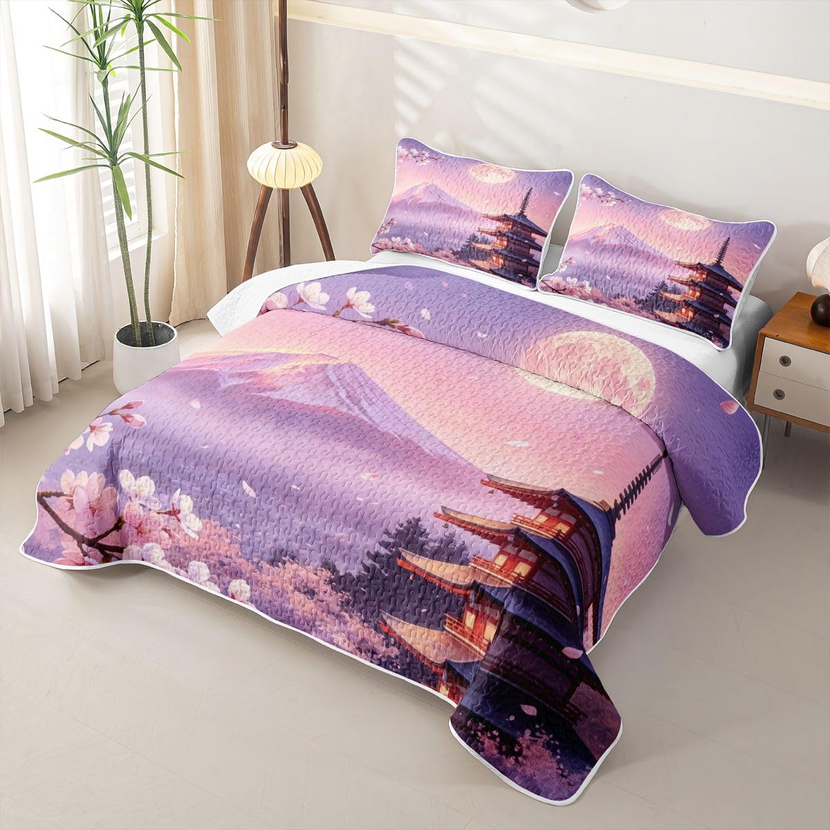 Erosebridal Japanese Twin Quilt Bedding Set Mount Fuji Sun Summer Lightweight Bedspread Cherry Blossom Pavilions Coverlet for Kids Adults Aesthetics Quilted Comforter 2 Pieces