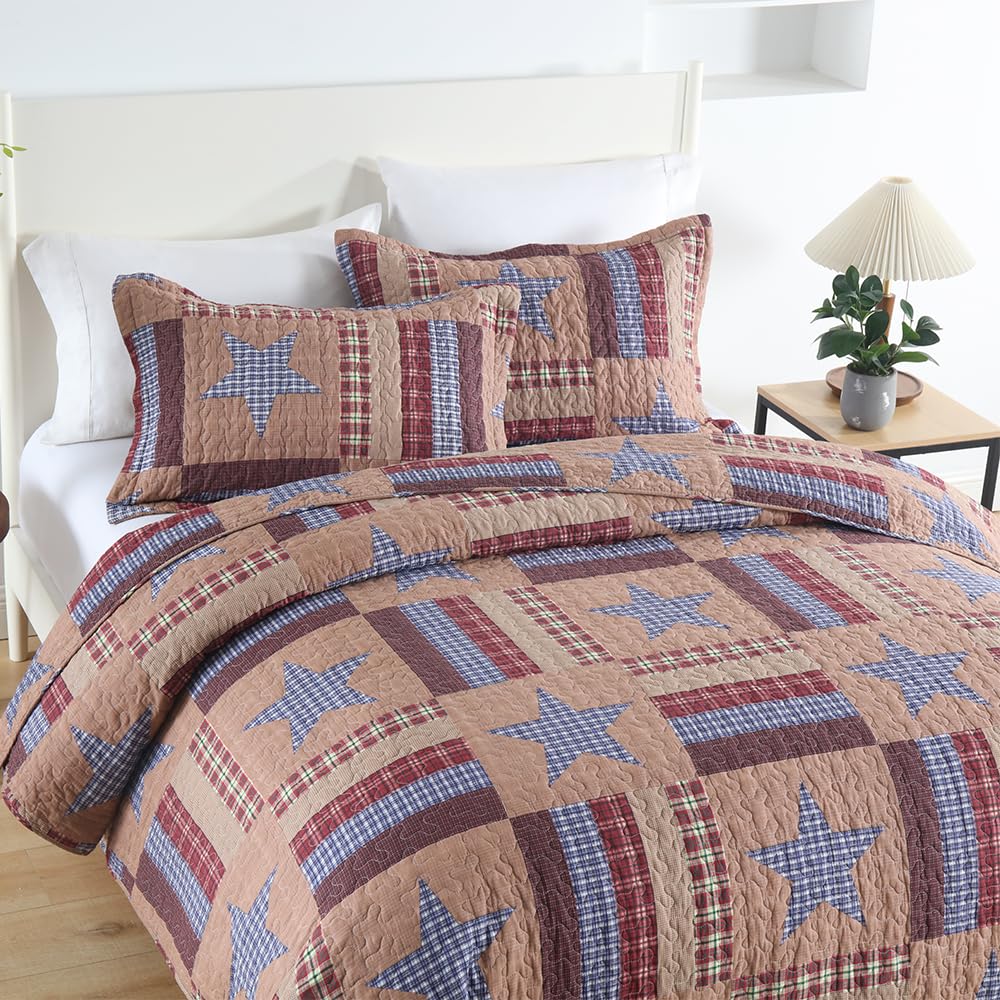 VISIMISI Cotton Bedding Quilt Sets Reversible Coverlet Sets All Season Brown Bedspread, Mediterranean Star Pattern, Queen Size