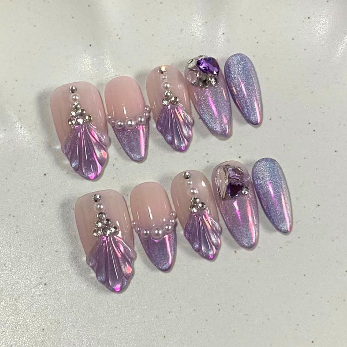 Purple Pink Mermaid Press on Nails, Medium Almond Fake Nails with 3D Shell Pearl Rhinestone Designs, Aurora Glitter False Nails for Women Wedding Party 24Pcs Nail Kit for Women French Tip Manicure
