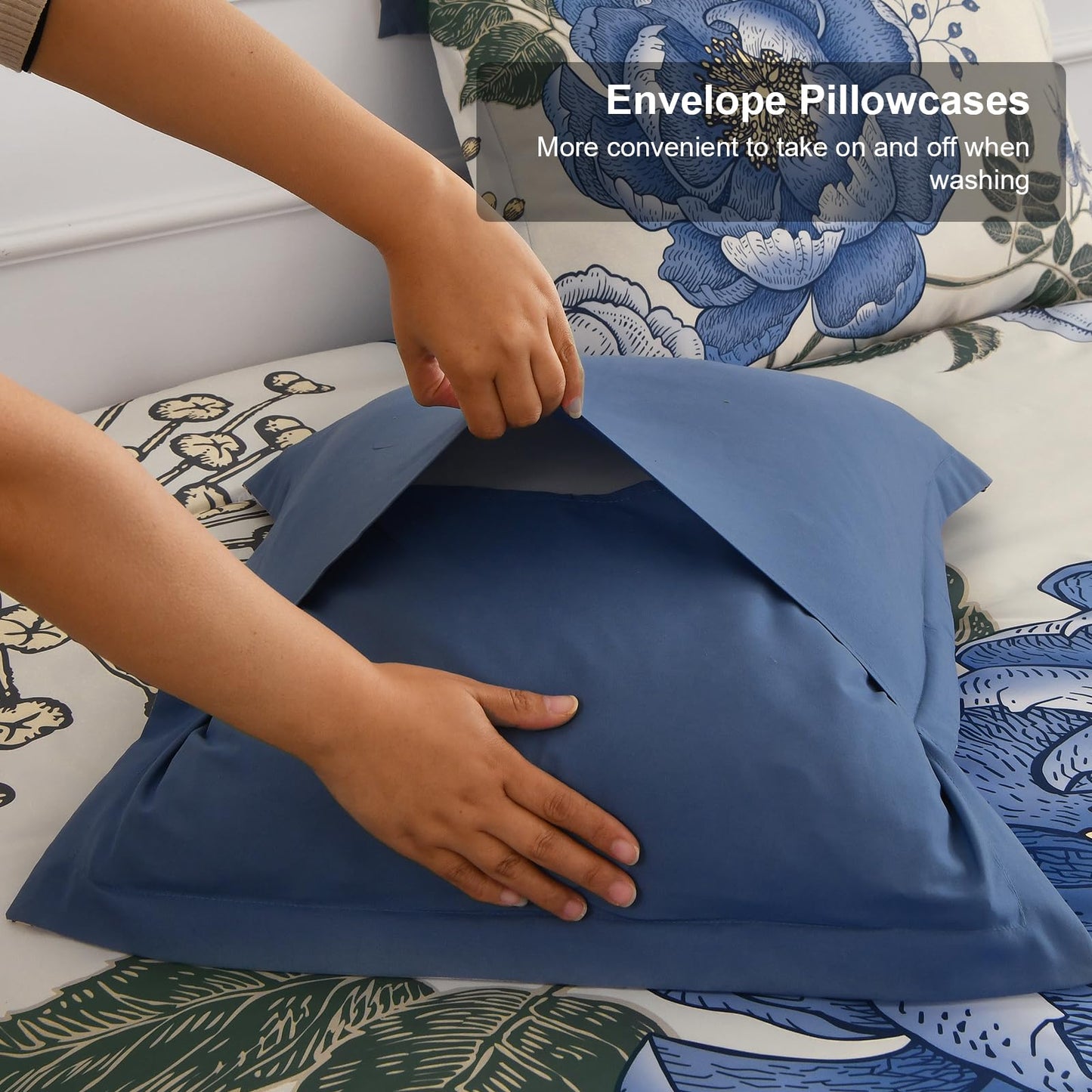 Luxudecor Beige Floral King Comforter Set 7 Pieces Bed in a Bag, Blue Flower Print on Beige Bedding Set,Soft Reversible Comforter with Sheets 104"x90"