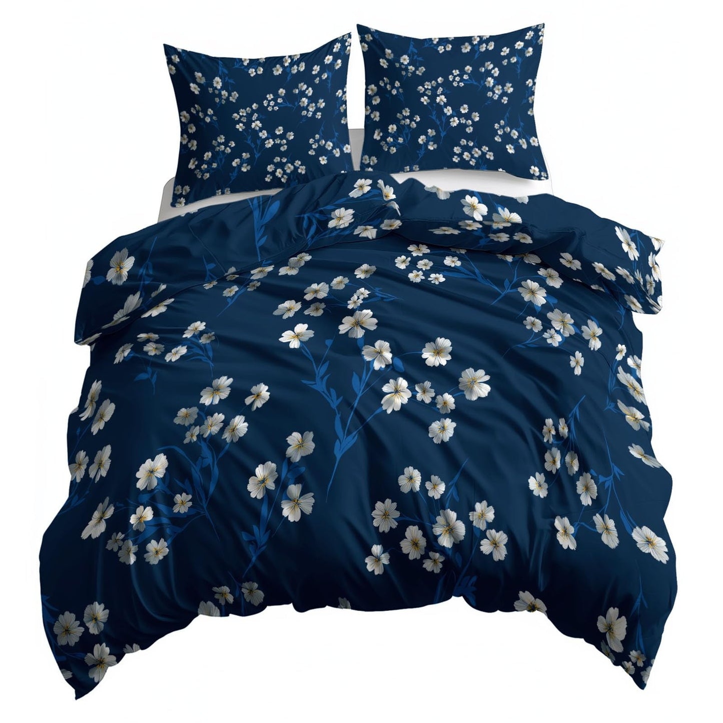 Super Soft Japanese Floral Style Duvet Cover Set Twin Size, Minimalist White Small Flowers Navy Blue Bedding for Kids Boys Girls Teens - Breathable and Anti-Allergic Soft Comforter Cover