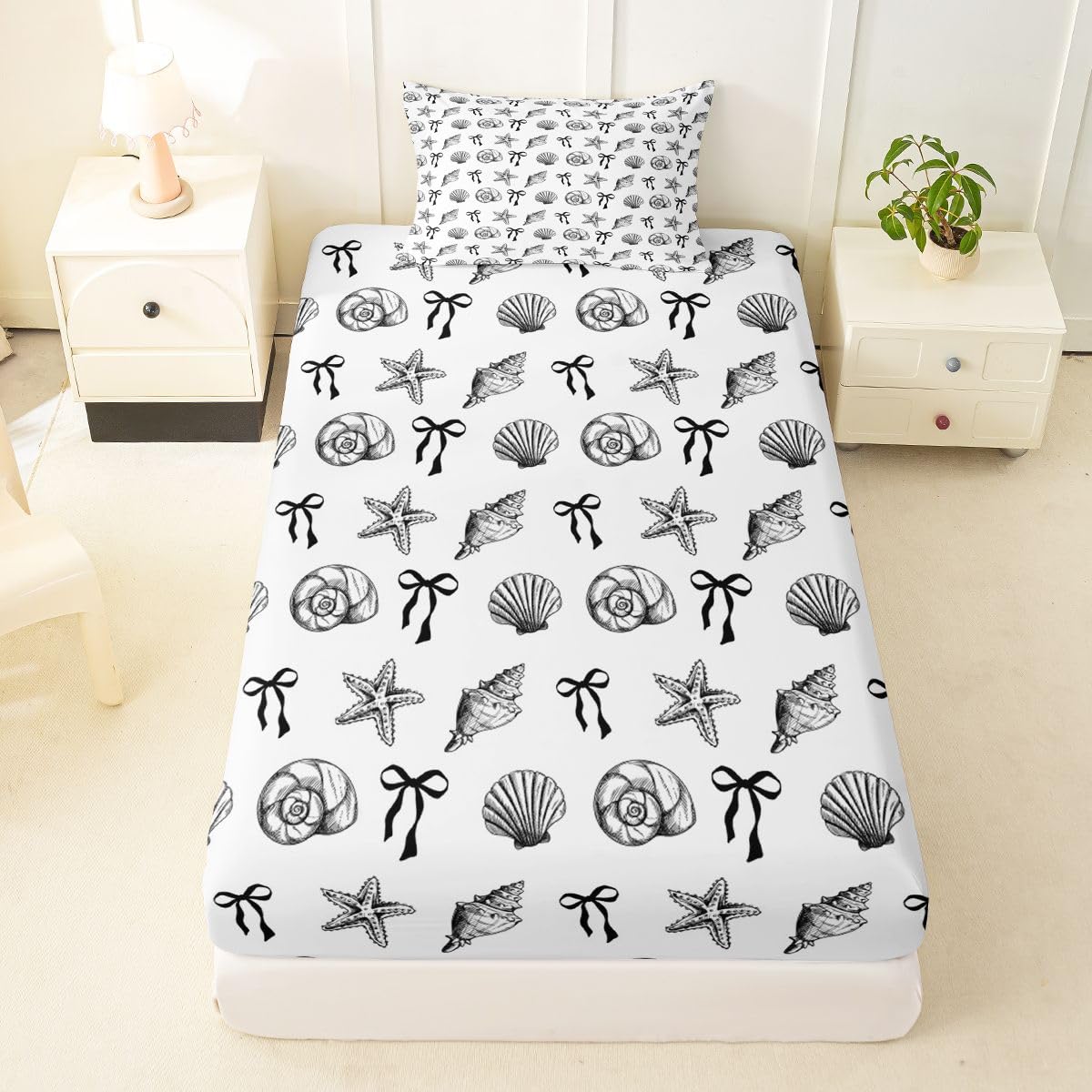 Manfei Shell Bow Tie Kids Twin Size Fitted Sheet,Conch Starfish Bowknot Marine Life Boys Girls Bed Sheets,Coquette Ocean Sea Dreamy Room Decor,Black Bedding Set,1 Pillowcase(No Flat)