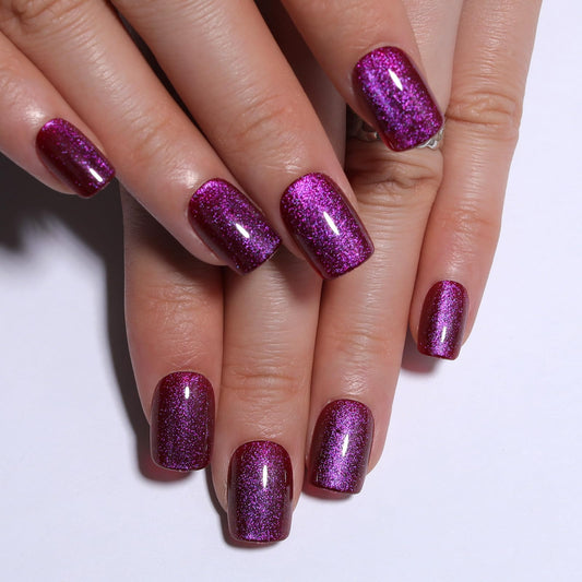 Stbisen Pink Purple Cat Eye Press On Nails Short Square, Magenta Tone Cat Eye Nail Design, High Saturation Color Glossy Soft Gel Fake nails, Reusable Glue On Nails for Women, Party Holiday, 30Pcs