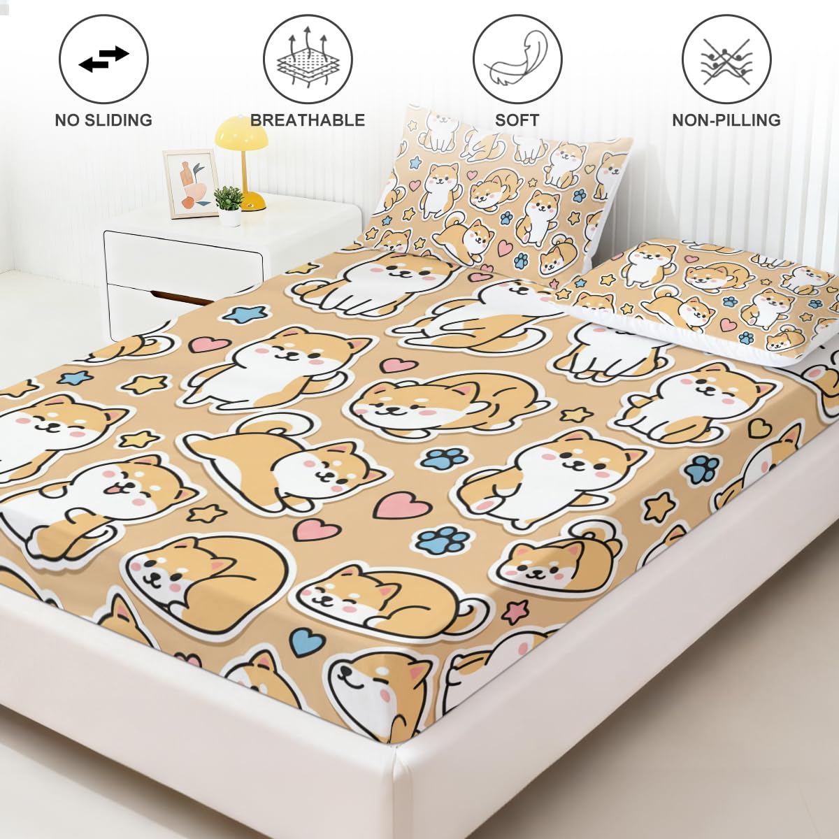 ARIGHTEX Cute Shiba Inu Fitted Sheet Set Twin Size, 3 Pieces Kawaii Dog Bedding for Pet Lover Gift, Cartoon Shiba Puppy Microfiber Deep Pocket Bed Sheets with 2 Pillowcases (No Flat Sheet)