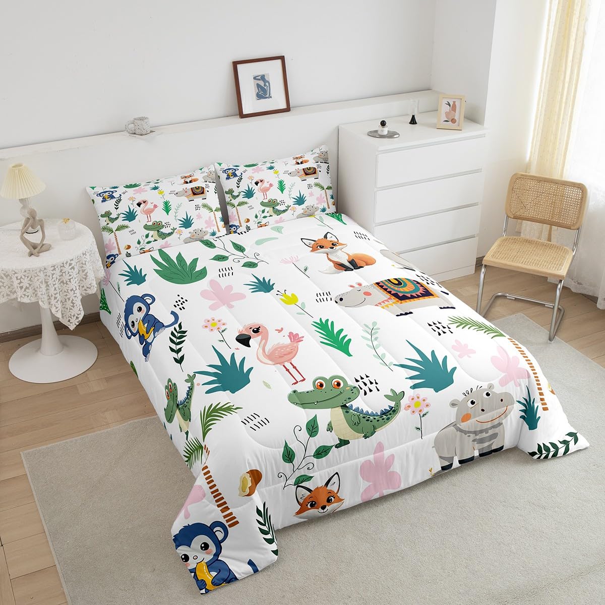 Feelyou Dinosaur Cartoon Fox Comforter Set for Girls Boys Kids King Size Wild Animals Comforter Room Decorative Hippo Bedding Set Botanical Zoo Animals Duvet Set 3Pcs Quilt Set